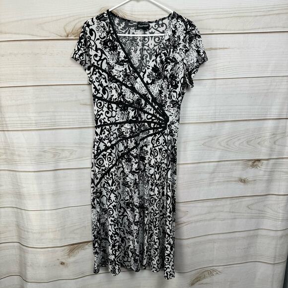 Connected Apparel White & Black Paisley Print Short Sleeve Midi Dress Size 10 - Picture 1 of 7